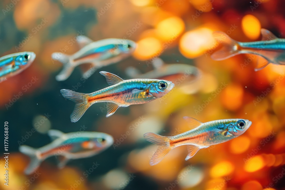Fototapeta premium A school of vibrant, translucent neon tetras swim in a bokeh-filled aquarium, showcasing their iridescent colors.