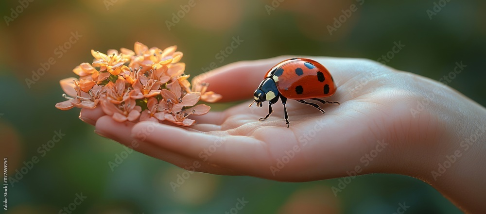 Ladybug and flowers on a hand in sunlight. Ladybug and flowers on a hand in sunlight.