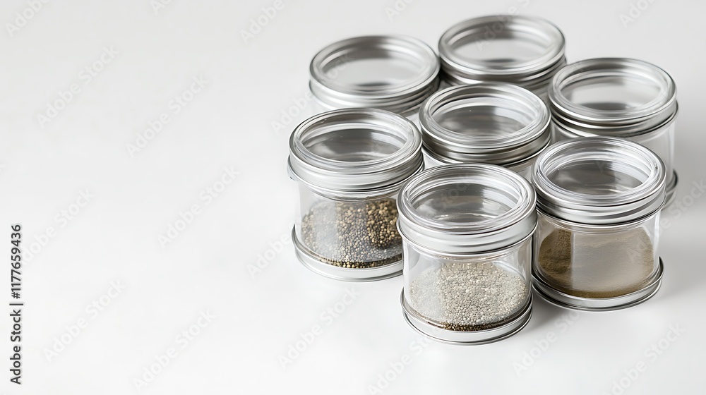 A row of clear jars with lids on a white background A row of clear jars with lids on a white background