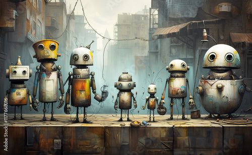 Old funny robots standing on a street, appears to be a part of a formerly futuristic city