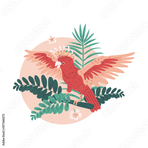 Illustration with bright red cockatoo parrot on a round pink background with tropical leaves.