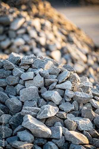 Gravel piles stacked in a construction site during sunset, highlighting the texture and color of the stones photo