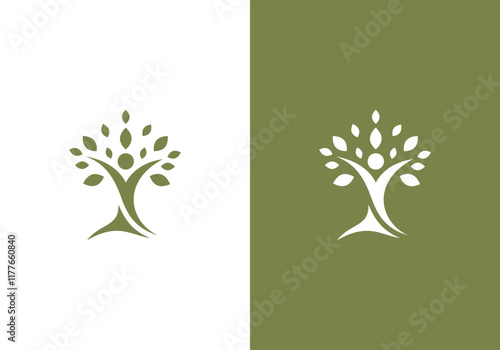 line art nature logo vector design of tree and man or person inside circle, abstract tree logo symbol inside circle	