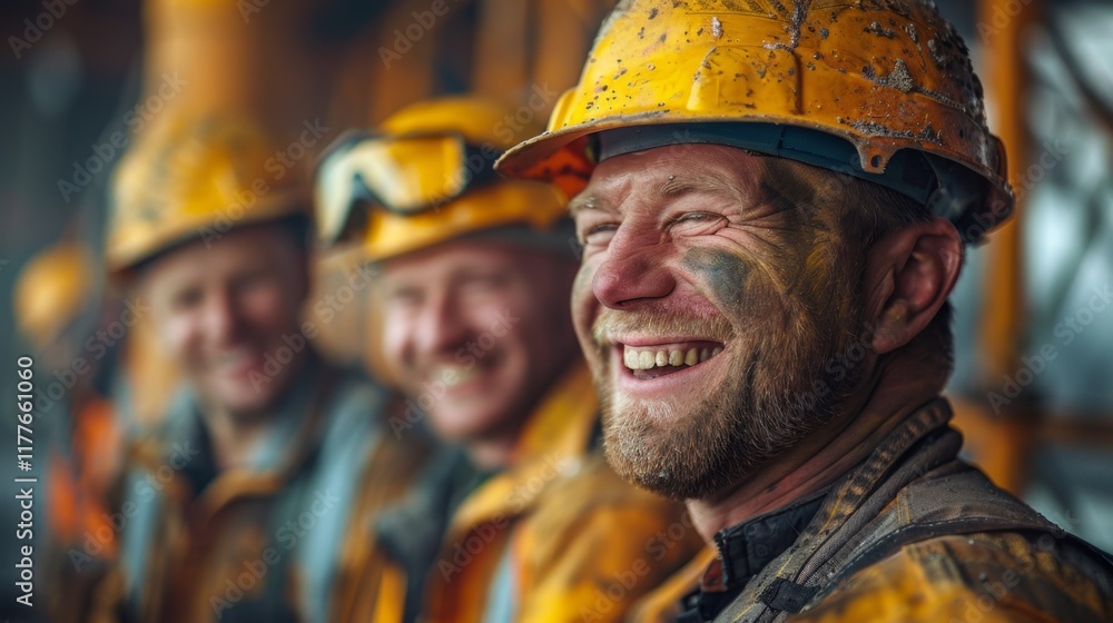 Workers at a construction site share smiles and camaraderie during a break in the morning hours Workers at a construction site share smiles and camaraderie during a break in the morning hours
