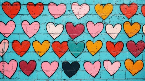 Valentine's street art mural with graffiti-style hearts, bold colors, and urban grunge textures, pop art influence. photo