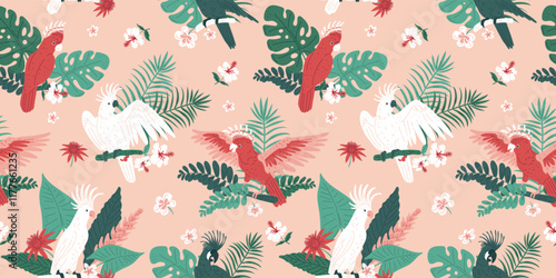 Vector seamless pattern with cockatoo parrots on a pink background with monstera and fern leaves.