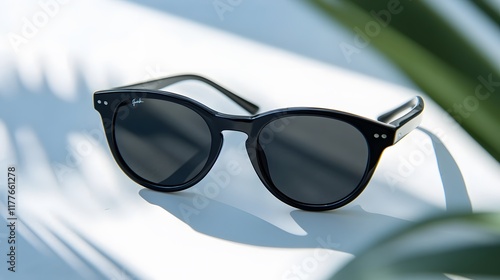 Black sunglasses resting on a book with a sunny, stylish vibe, perfect for summer eyewear fashion and protection photo