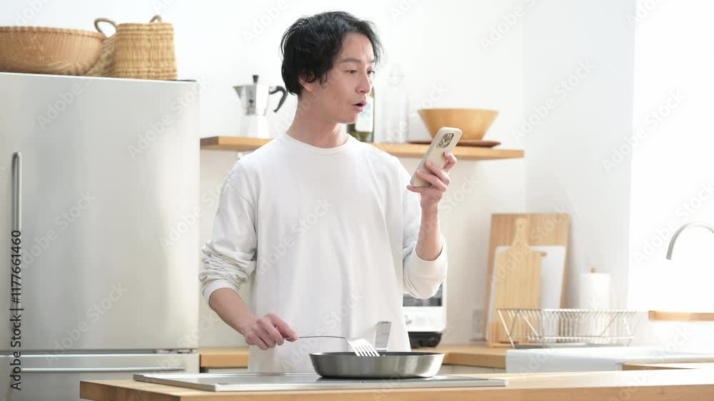 スマホを見ながら料理を作る男性 スマホを見ながら料理を作る男性