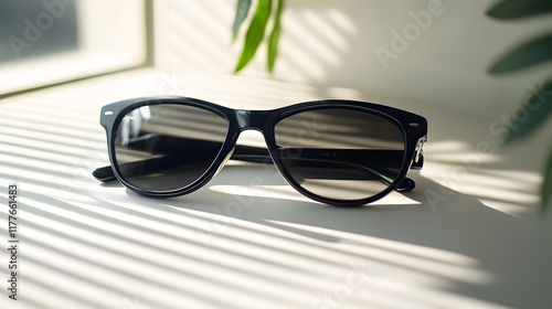 Black sunglasses resting on a book with a sunny, stylish vibe, perfect for summer eyewear fashion and protection photo