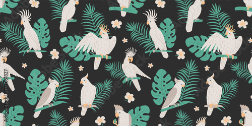 Seamless illustration of white cockatoo parrots on a black background with green tropical leaves.
