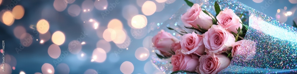 Valentine's bouquet with roses and holographic wrapping paper, vibrant colors, and soft romantic lighting, hyper-realistic style.