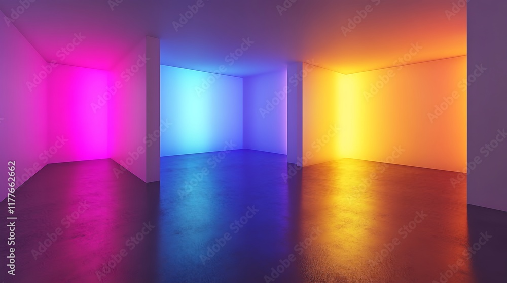 Neon Lit Room Three Colored Walls Reflecting Light Neon Lit Room Three Colored Walls Reflecting Light