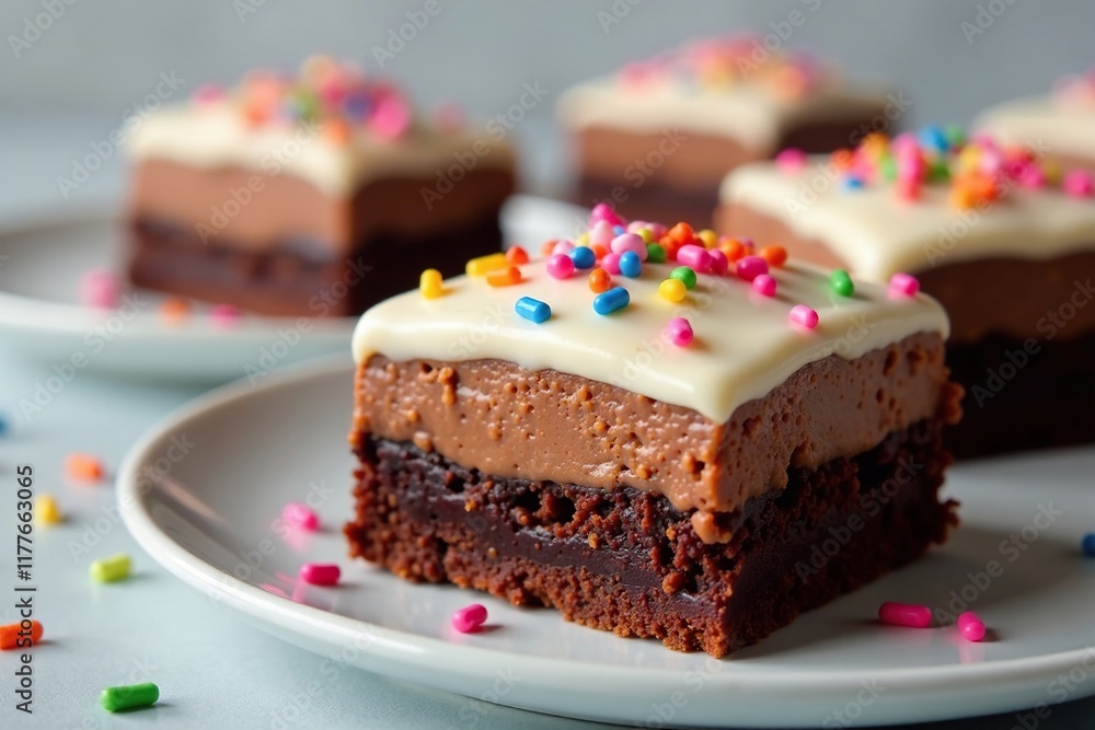 Brownie layer topped with chocolate mousse covered in white icing and decorated with sprinkles, colorful decorations, layered brownies Brownie layer topped with chocolate mousse covered in white icing and decorated with sprinkles, colorful decorations, layered brownies