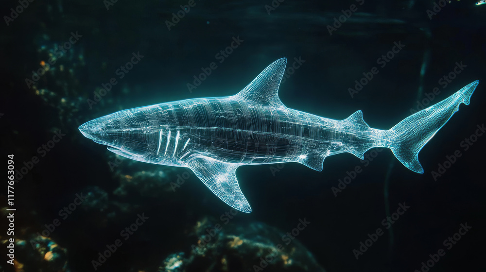 Fototapeta premium Hologram shark. A holographic projection of a shark. Flickering energy flux of particles. Scientific design water world.