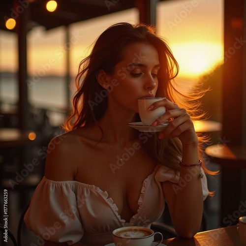 Elegant Woman Enjoying a Cup of Coffee with Wind-Tossed Hair at a Cozy Café During Sunset