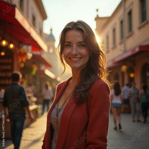 Confident Woman Shopping in a Colorful Marketplace with Stunning Architectural Background at Dawn