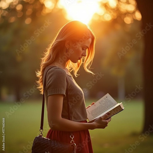 Graceful Woman Reading a Book in a Sunny Park While Carrying a Stylish Handbag