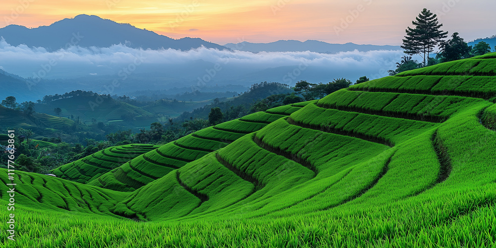 Fototapeta premium Terraced rice fields with lush green crops and distant mountains, with a soft sunrise glow in the sky.