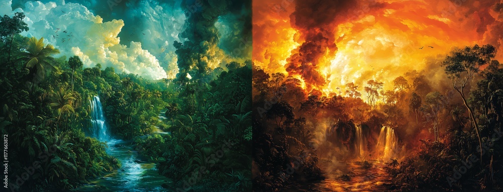 Obraz premium Serene and Fiery Jungle Landscape with Waterfalls and Dramatic Skies