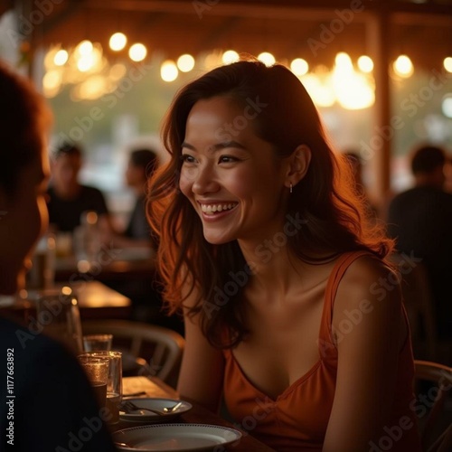 Smiling Woman Chatting Happily with Friends in a Lively Restaurant During the Gentle Dawn Light