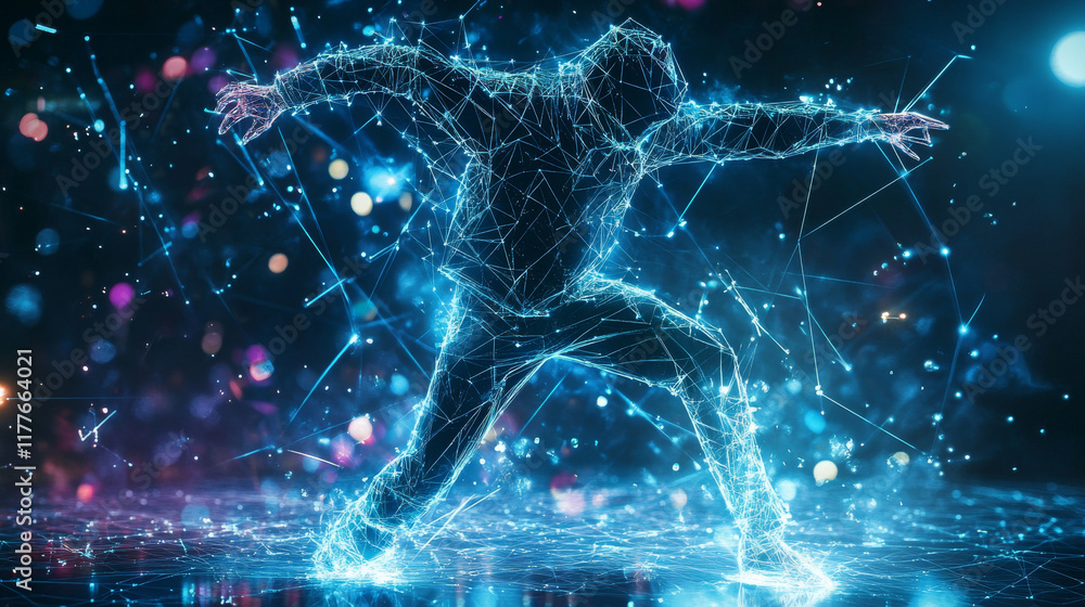 Hologram break dance. The dancer stands on his hands of polygons, triangles of points and lines. Break dance is a low poly connection structure. Technology concept. Hologram break dance. The dancer stands on his hands of polygons, triangles of points and lines. Break dance is a low poly connection structure. Technology concept.