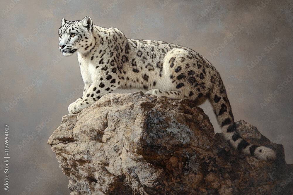 Majestic snow leopard perched atop a rocky outcrop, surveying its domain. Majestic snow leopard perched atop a rocky outcrop, surveying its domain.