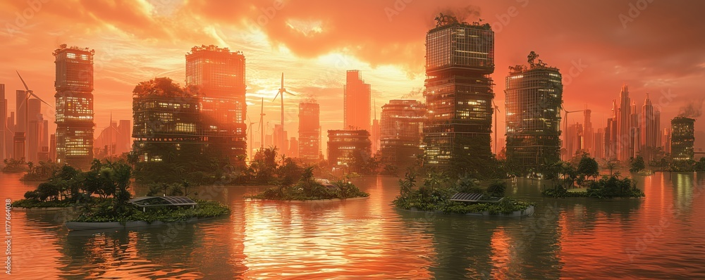 Obraz premium Futuristic Cityscape at Sunset with Reflections on Water Surface