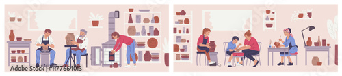 A vector set depicting a scene in an art class where people sculpt from clay