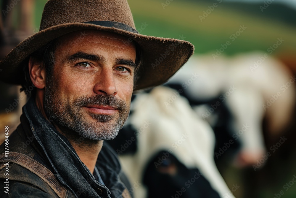 Portrait of a smiling rancher wearing a hat in front of cows on a farm during the day in a lush green pasture Portrait of a smiling rancher wearing a hat in front of cows on a farm during the day in a lush green pasture