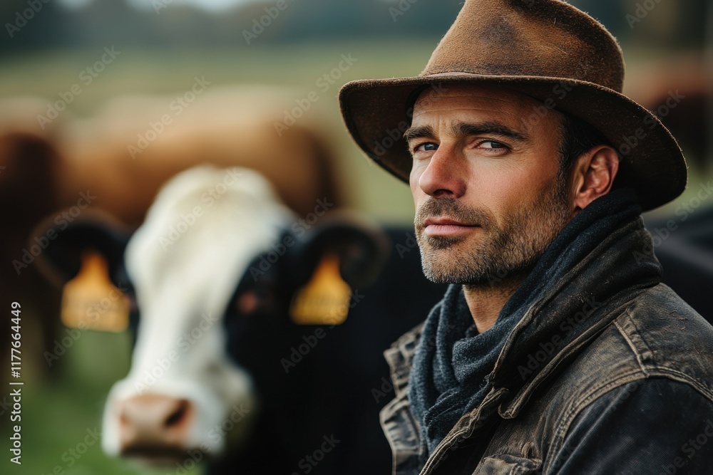 Fototapeta premium Cowboy stands confidently among cattle in a rural landscape during the golden hour of late afternoon, showcasing traditional farming life in serene surroundings