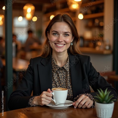 Stylish Woman Enjoying a Cup of Coffee at a Cozy Café in the Evening