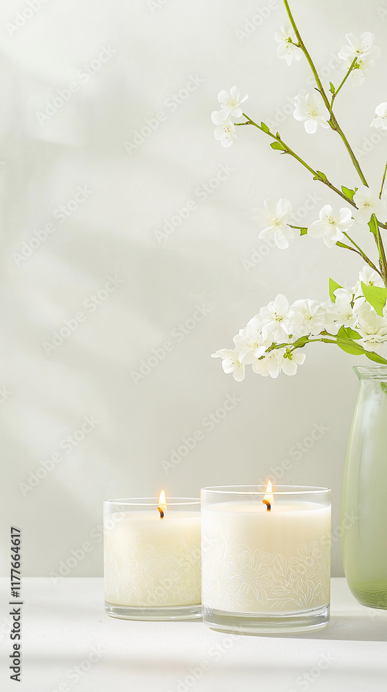Two burning scented candles and cherry blossom branch creating a relaxing atmosphere. Ideal for greetings or promotions with copy space for text or ads Two burning scented candles and cherry blossom branch creating a relaxing atmosphere. Ideal for greetings or promotions with copy space for text or ads