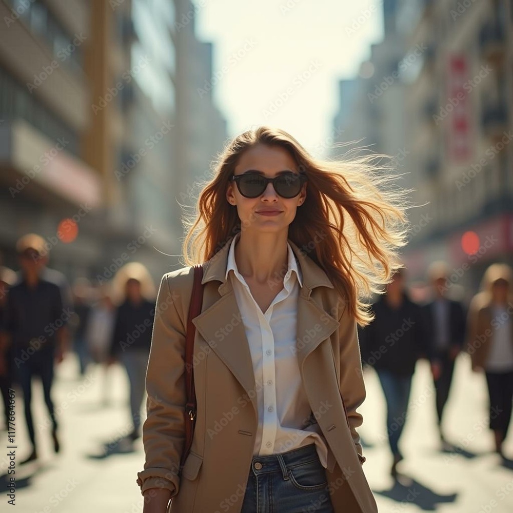 Fototapeta premium Energetic Woman Walking in a Bustling City Street with the Wind Gently Blowing Her Hair, Afternoon