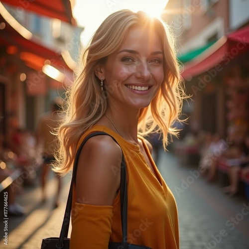 Elegant Woman Highlighted by Morning Sunlight Shopping in a Colorful Marketplace