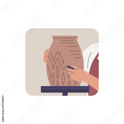 Vector illustration of a character's hands forming a pattern on a clay vase.