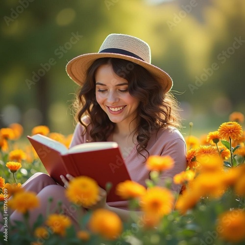 Cheerful Woman Surrounded by Vibrant Flowers Reading a Book in a Sunny Park in the Evening Light