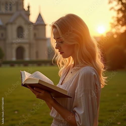 Graceful Woman with Stunning Architecture Background Reading a Book in a Sunny Park at Sunset