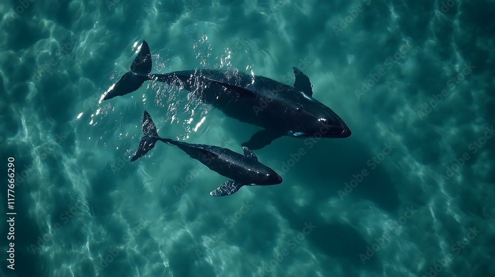 Orca Mother and Calf Swimming Together in Crystal Clear Waters, Illuminated by Sunlight
