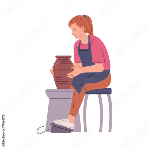 Vector illustration of a young woman who sculpts clay on a potter's wheel while