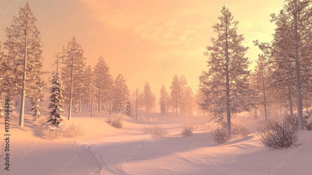 Obraz premium Tranquil snowy forest landscape at sunrise with frost-covered trees and soft light