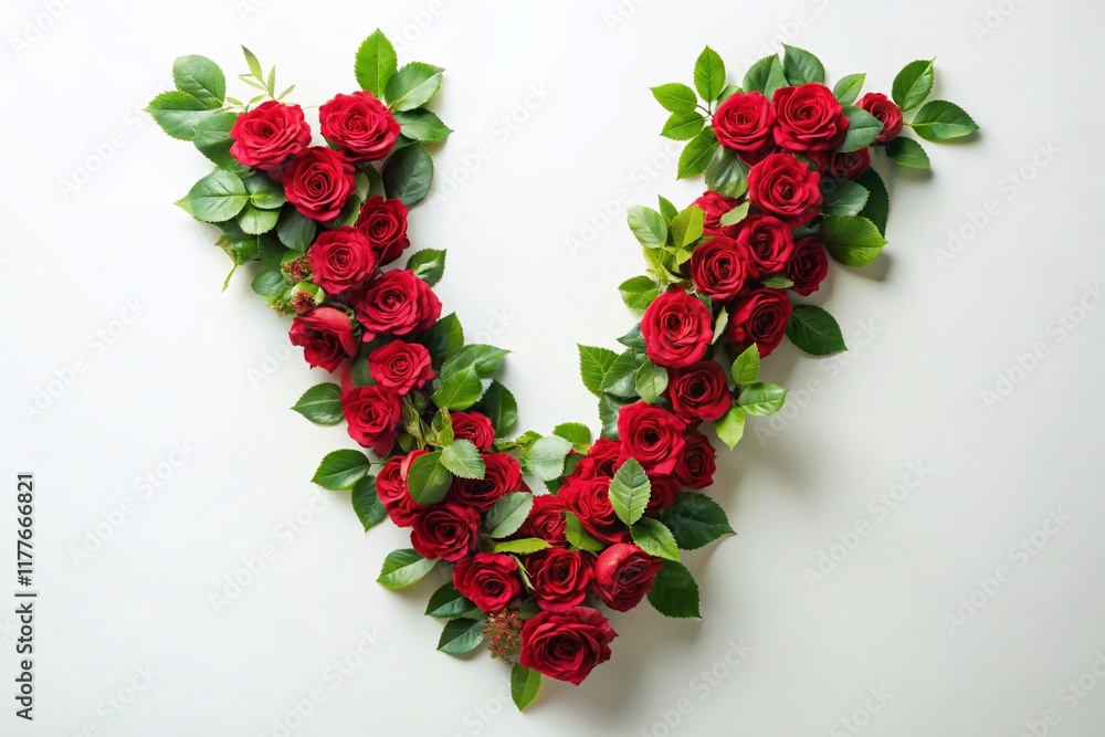 Obraz premium Red Rose Letter V, Valentine's Day Floral Alphabet, Isolated White Background
