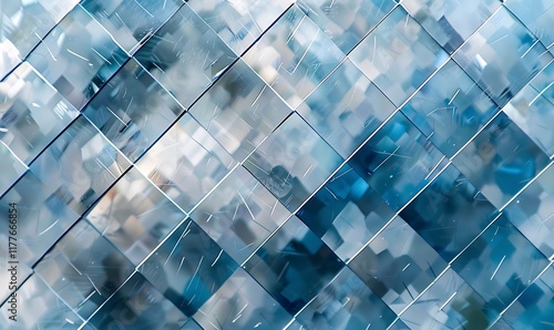 Overlapping diamond patterns in cool blues and silvers create a soft, shimmering gradient.