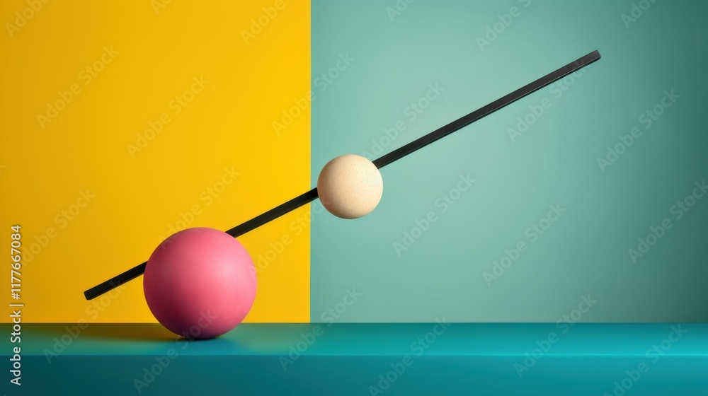A minimalist yellow balancing rod sculpture, featuring precise geometric forms, set against a vibrant teal and pink background that enhances the sculpture’s bold, modern aesthetic A minimalist yellow balancing rod sculpture, featuring precise geometric forms, set against a vibrant teal and pink background that enhances the sculpture’s bold, modern aesthetic