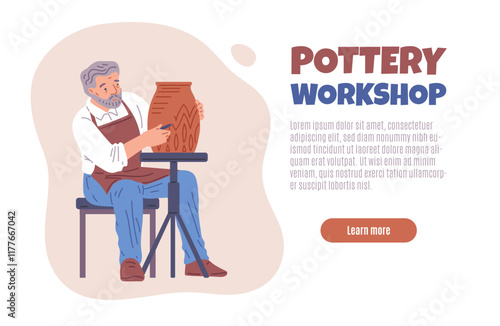 Illustration of a poster with an elderly man who applies a design to a clay vase.