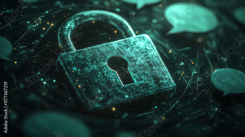 Secure padlock icon surrounded by digital speech bubbles, symbolizing privacy