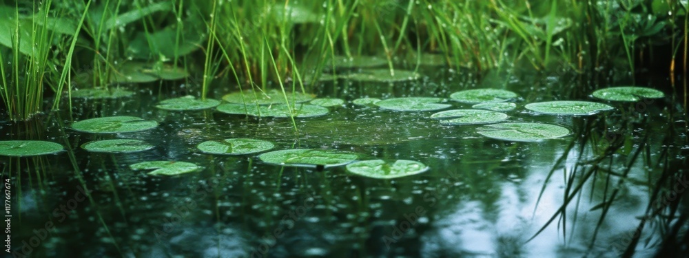 Rain falls gently on a tranquil pond filled with lily pads and surrounded by lush greenery in a peaceful outdoor setting Rain falls gently on a tranquil pond filled with lily pads and surrounded by lush greenery in a peaceful outdoor setting