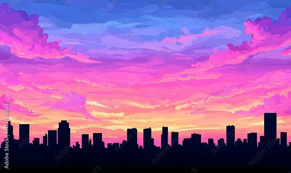 Fototapeta premium Urban Silhouette at Dusk, a city skyline emerges against a vibrant sky, hues of orange and purple blending into twilight, evoking serenity.
