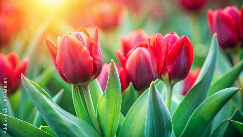 Red Tulip Buds & Green Leaves: Soft Light Spring Floral Background for Text Red Tulip Buds & Green Leaves: Soft Light Spring Floral Background for Text