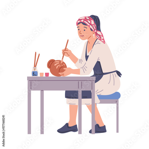 Vector illustration of a woman painting a clay pot with paints.