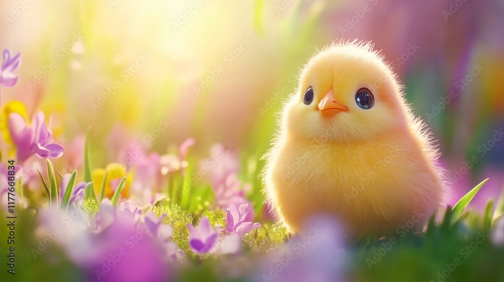 Easter Yellow Cute Cartoon Chick with Big Eyes on a Spring Meadow, Fun and Playful Chicken Baby Springtime Easter Background. Easter Yellow Cute Cartoon Chick with Big Eyes on a Spring Meadow, Fun and Playful Chicken Baby Springtime Easter Background.